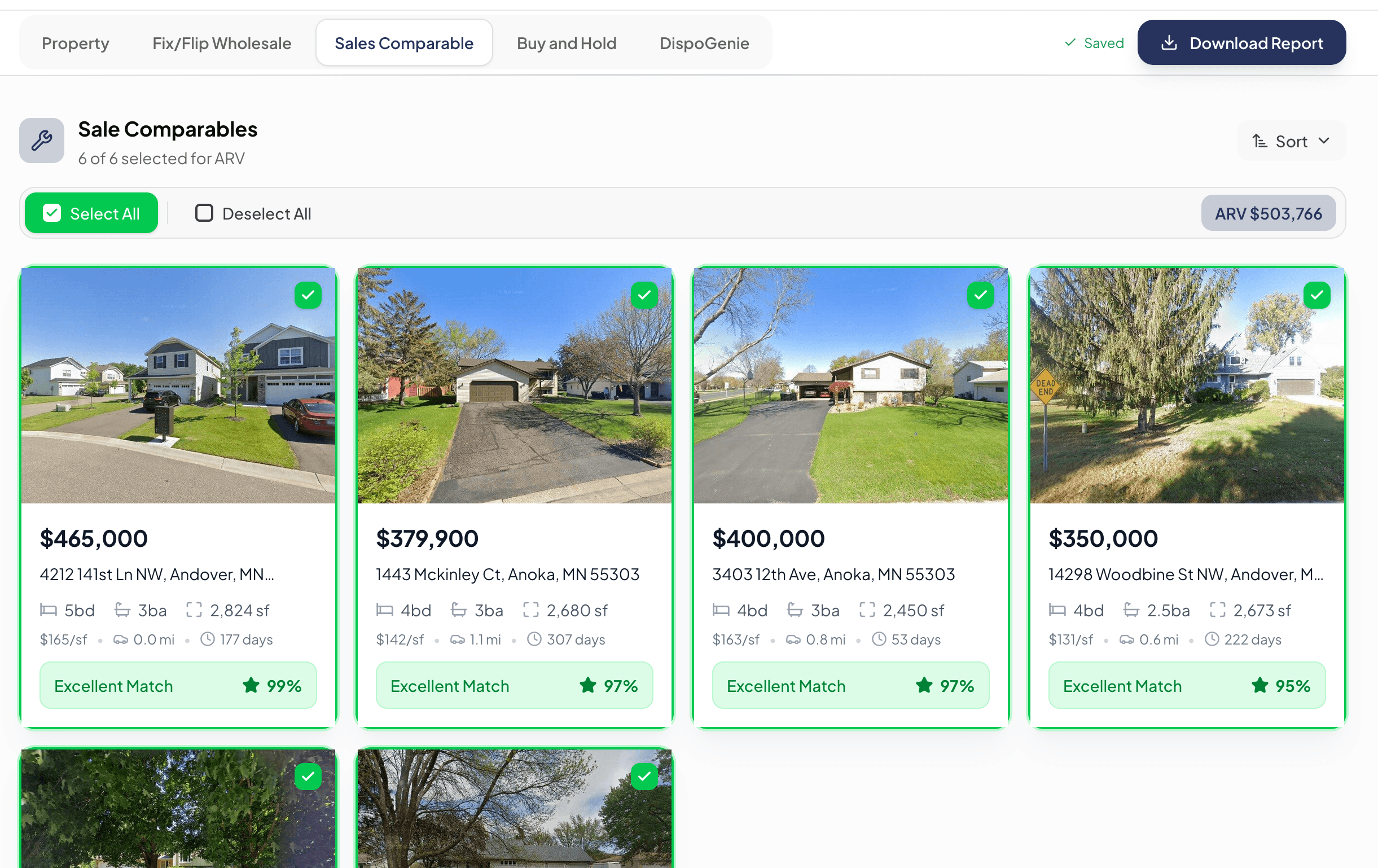 Sale comparables grid with ARV calculation